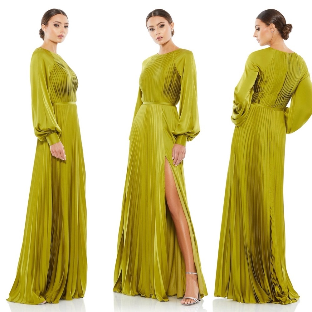 Mac Duggal Olive Green Pleated Long Sleeve Evening Gown
